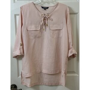 Company Ellen Tracy Linen Top M Lace Up Front Rolltab 3/4 Sleeve Hi Lo Peach EUC